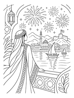 An oman coloring page showing a woman in traditional dress watching fireworks across the harbor.