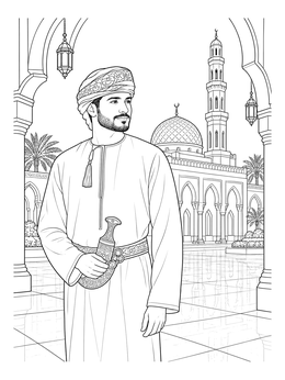 An Omani man in traditional dress at a grand mosque in this detailed oman coloring page.