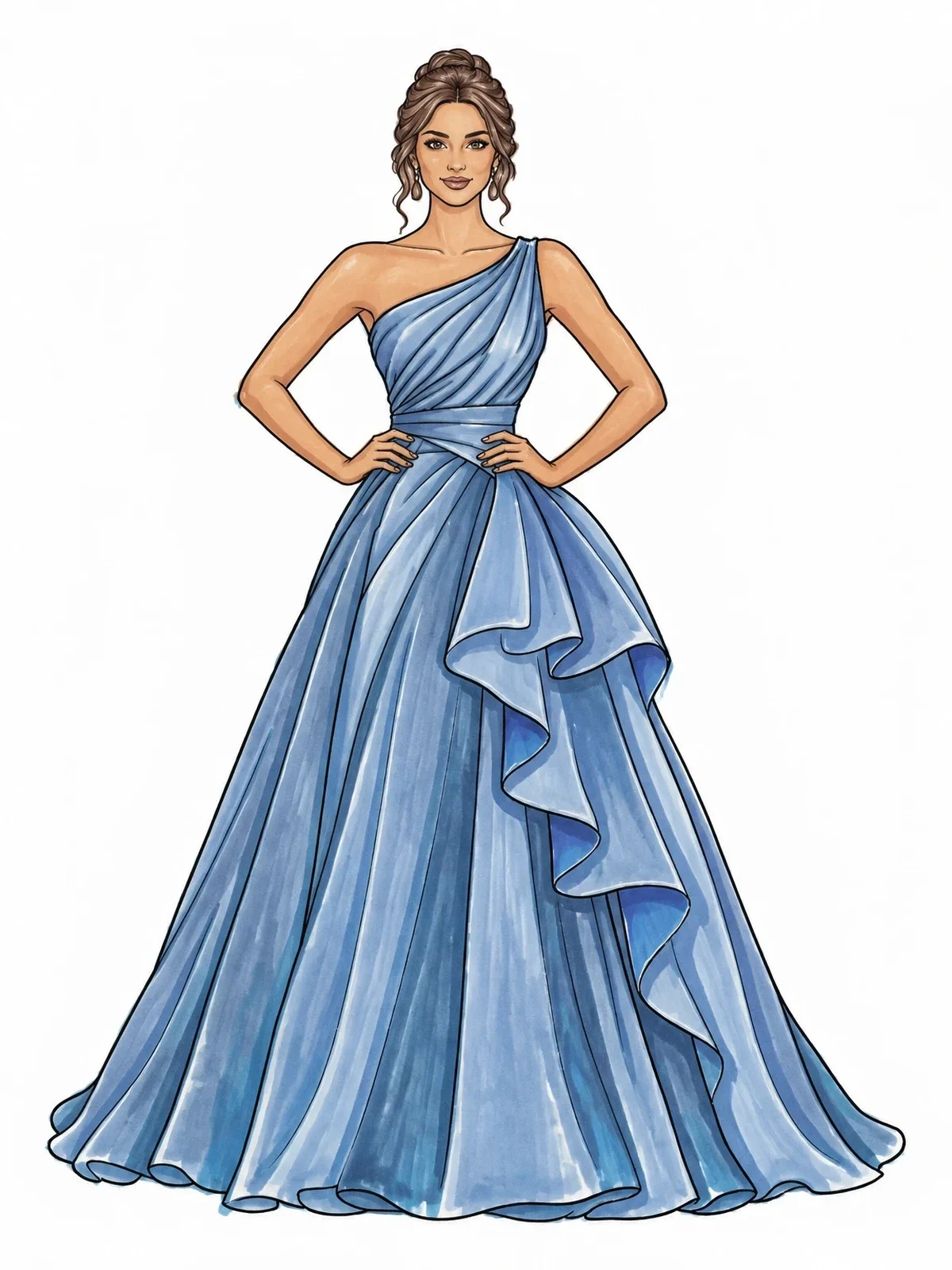 Colored example of the One Shoulder Elegant Ball Gown coloring page