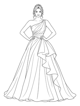 A woman posing in an elegant ball gown dress coloring page.