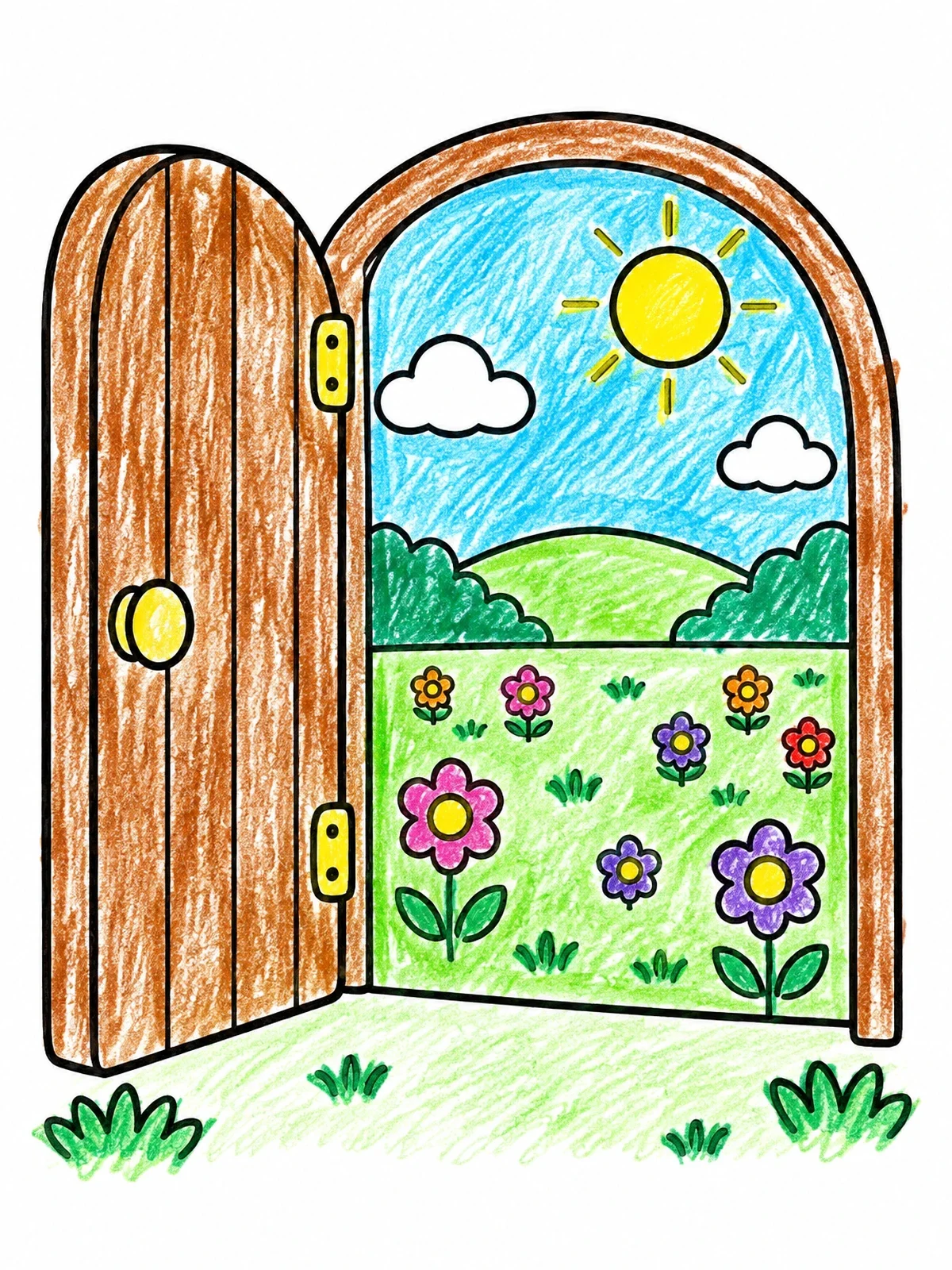 Colored example of the Open Arched Door To A Sunny Meadow coloring page