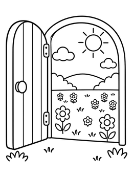 Free printable Open Arched Door To A Sunny Meadow coloring page