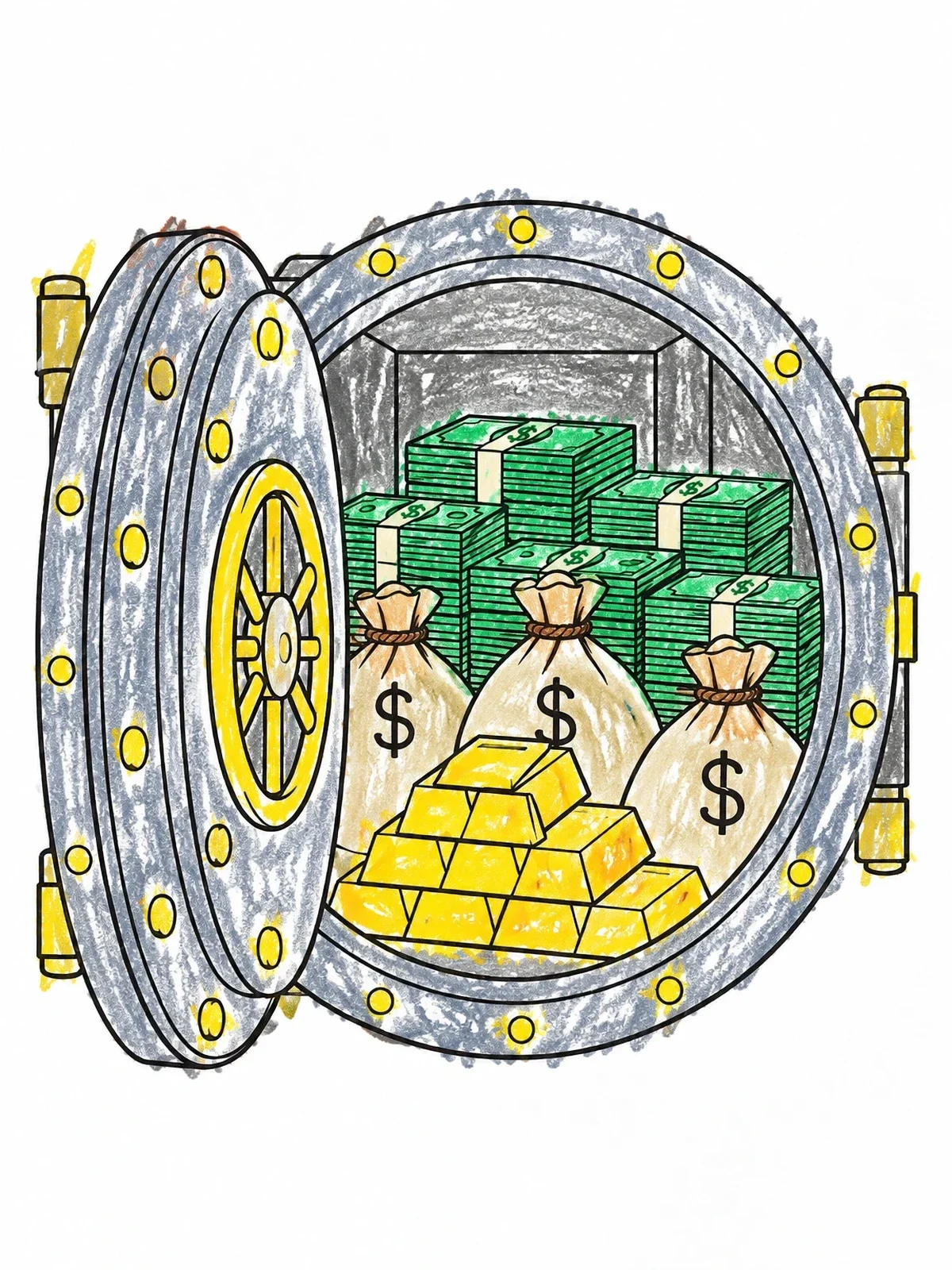 Colored example of the Open Bank Vault With Treasure coloring page