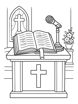 An open scripture book on a wooden altar in this bible coloring page.