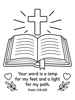 An open bible coloring page featuring a glowing cross and Psalm 119 verse.