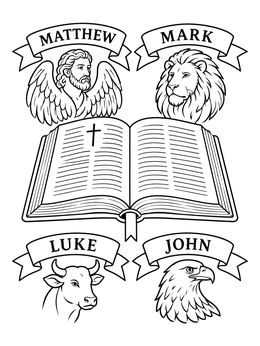 An open Scripture book with symbols of the four Gospels in this bible coloring page.