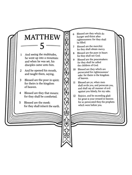 An open Bible with Scripture text on this beatitudes coloring page.