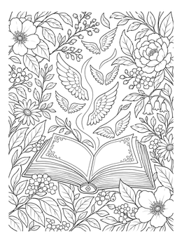 An open antique book surrounded by flowers in this angel wings coloring page.