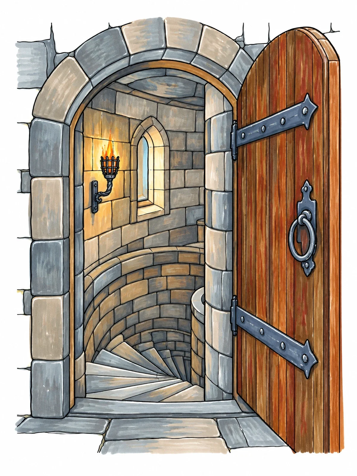 Colored example of the Open Castle Door To Spiral Stairs coloring page