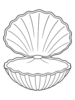 An open clam coloring page showing grooved inner and outer shells.