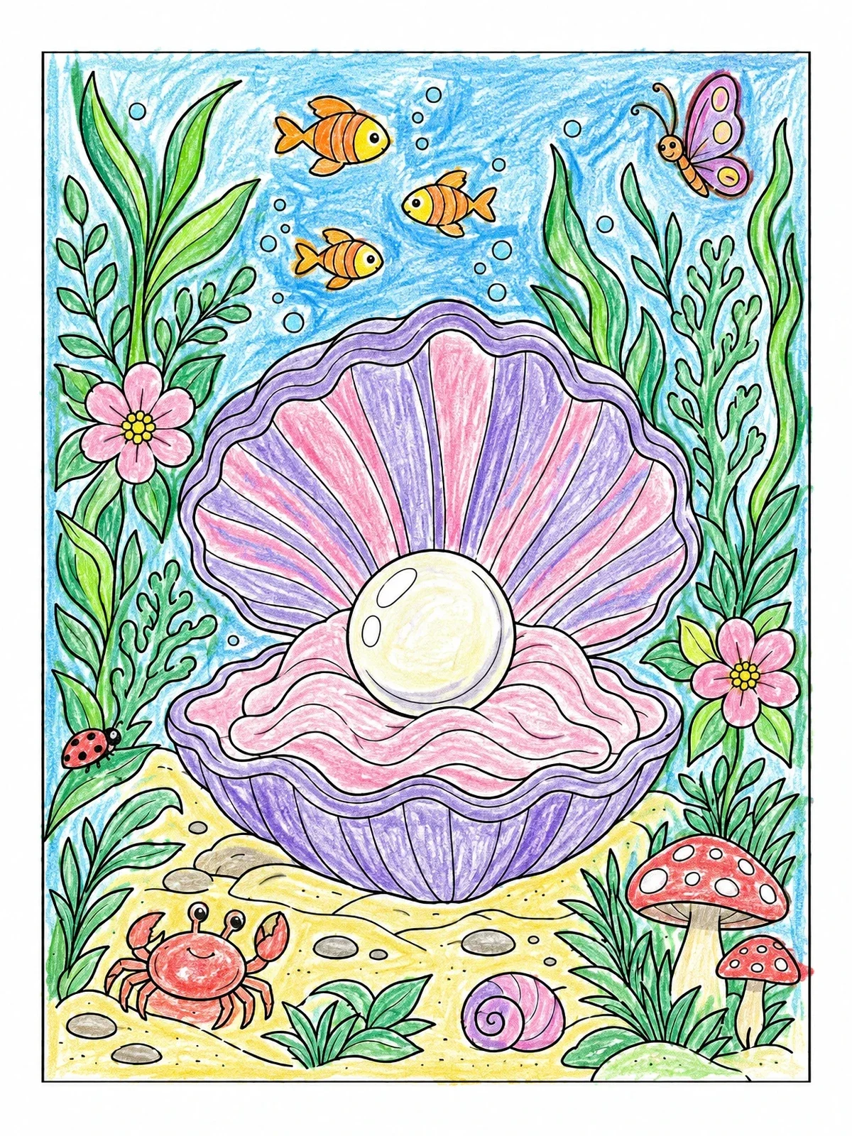 Colored example of the Open Clam Shell With Pearl coloring page