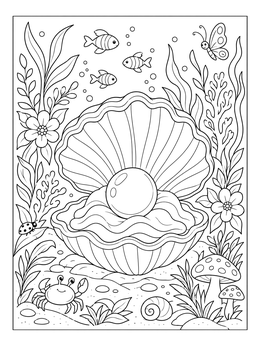 An open clam coloring page with a shiny pearl, swimming fish, and a friendly little crab.