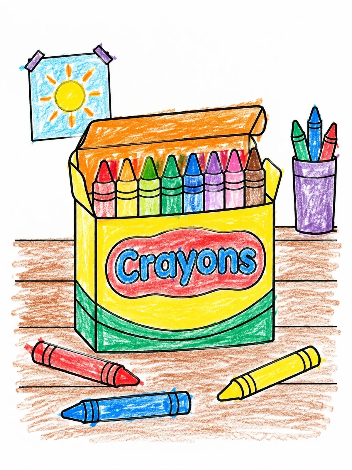Colored example of the Open Crayon Box On Desk coloring page
