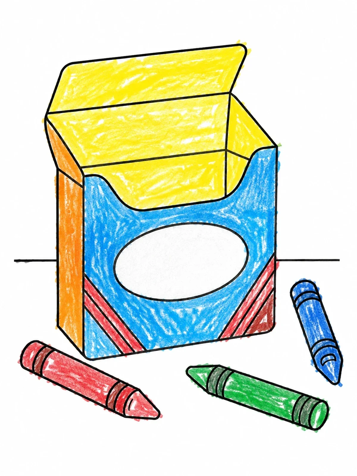 Colored example of the Open Crayon Box With Wax Crayons coloring page