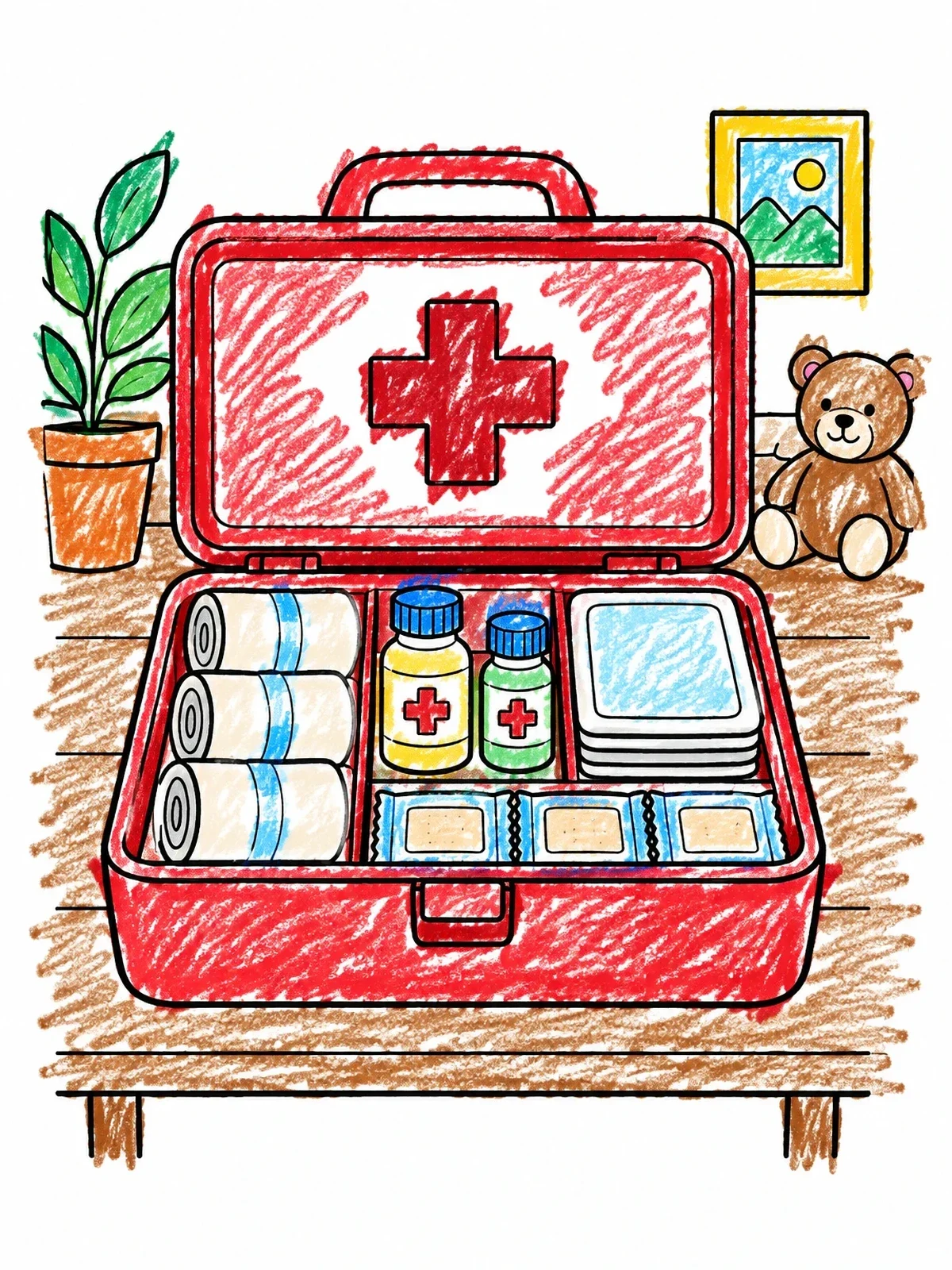 Colored example of the Open First Aid Kit With Medical Supplies coloring page