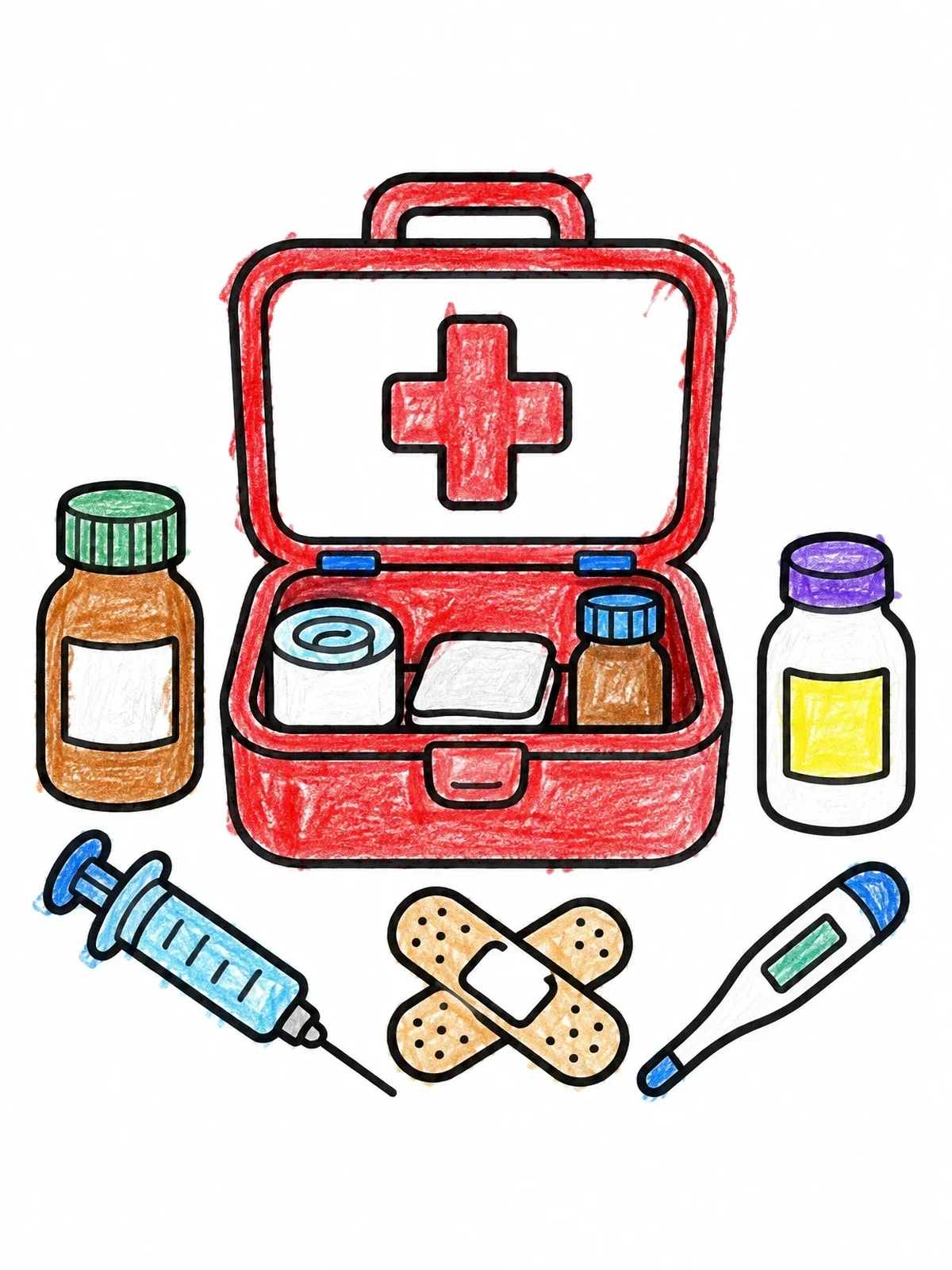 Colored example of the Open First Aid Medical Kit coloring page