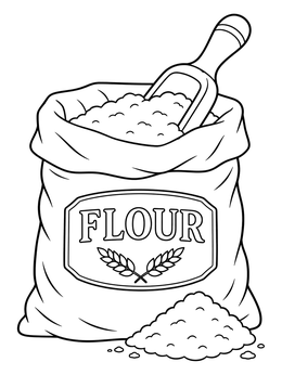 An open flour sack with a wooden scoop on this flour coloring page.
