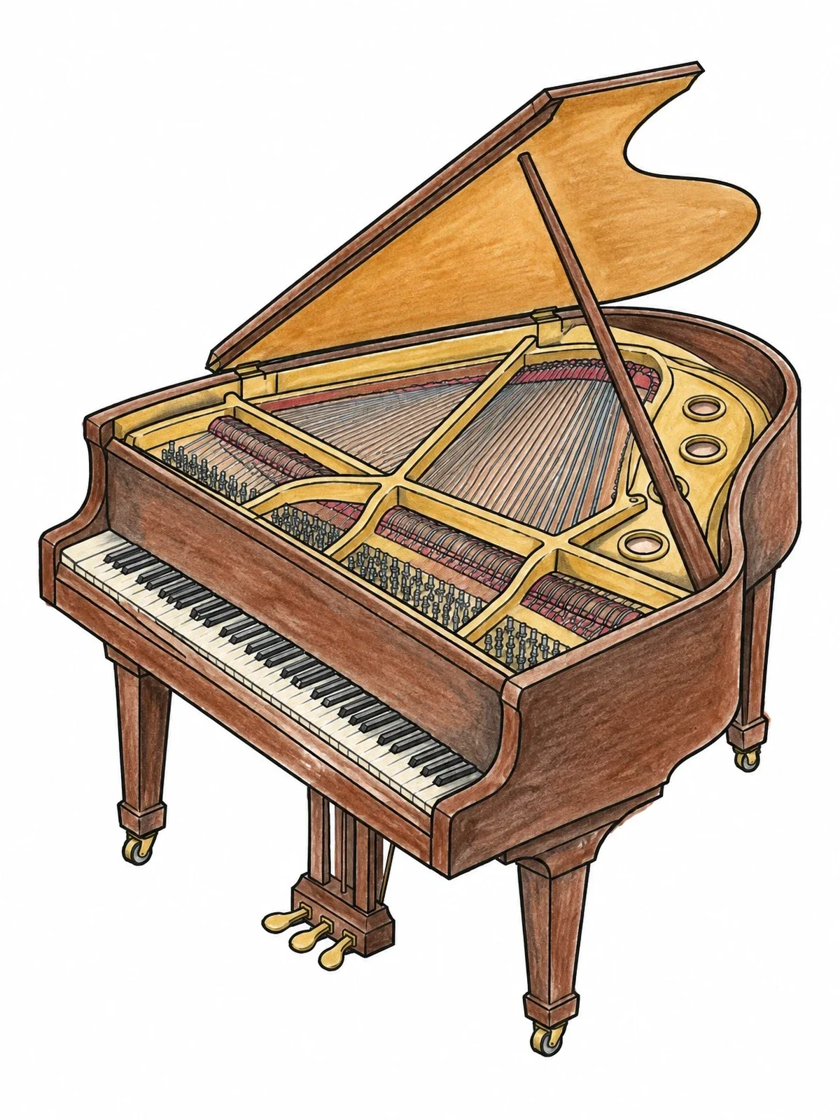 Colored example of the Open Grand Piano With Strings coloring page