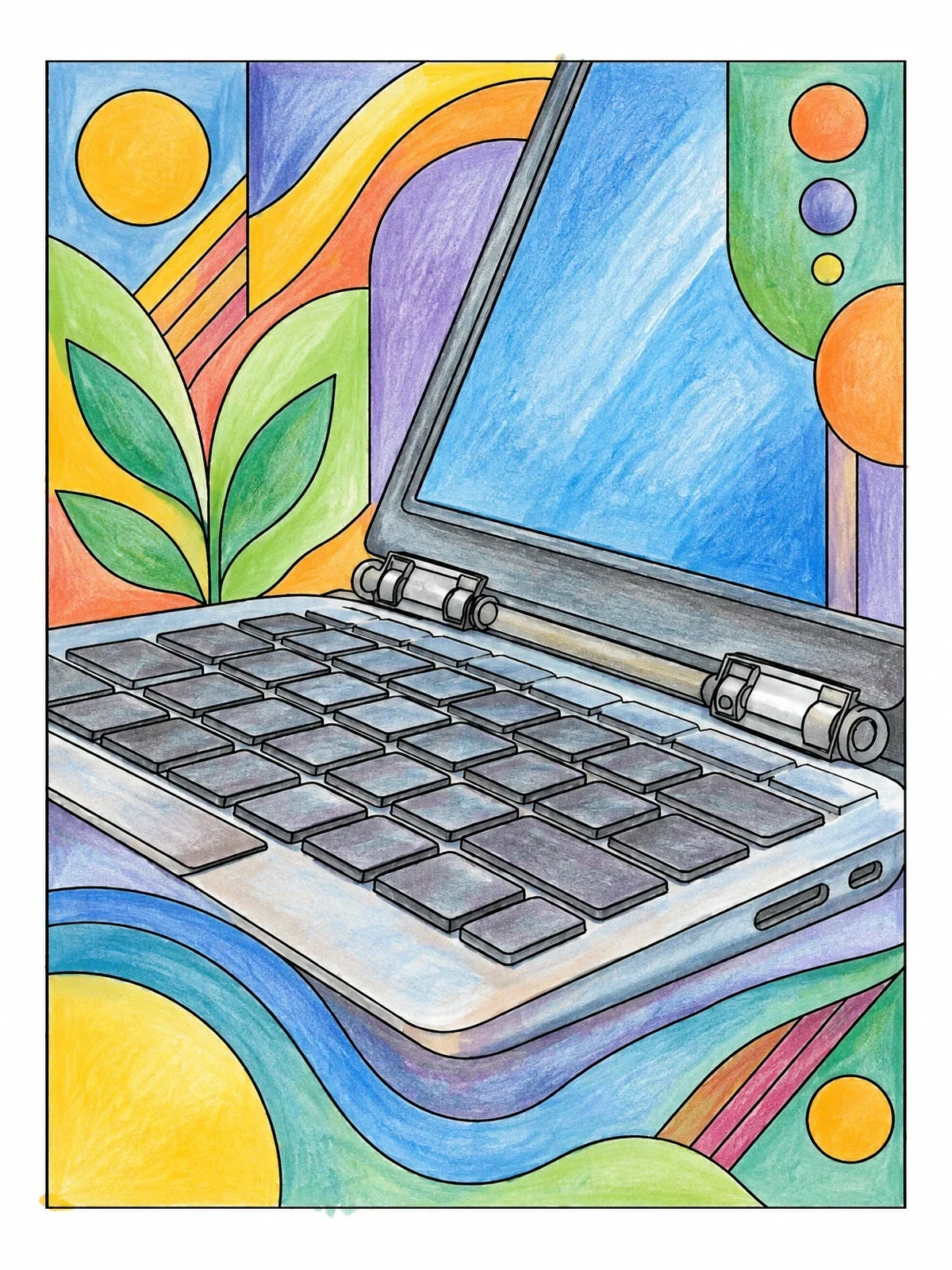 Colored example of the Open Laptop With Detailed Keyboard And Hinges coloring page