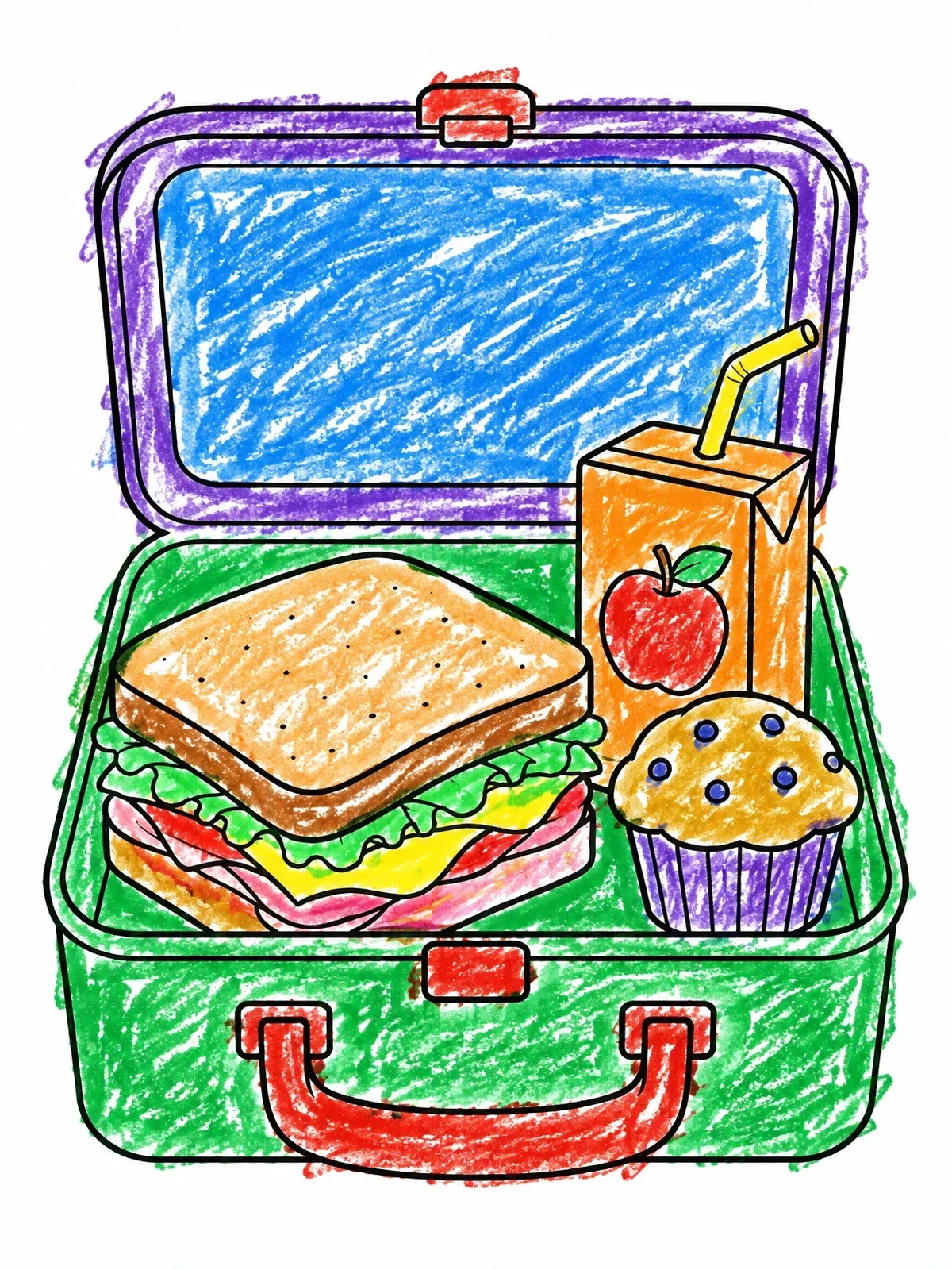 Colored example of the Open Lunchbox With Sandwich And Snacks coloring page