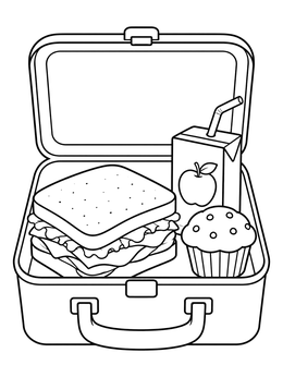 An open lunchbox packed with a tasty sandwich coloring page, juice box, and muffin.