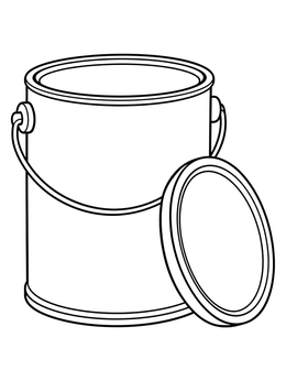 An open paint can coloring page with its circular lid leaning against the side.