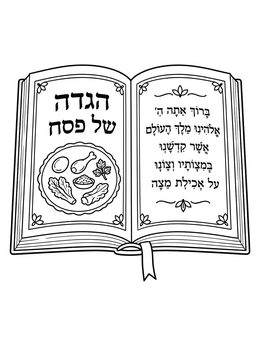 An open Passover Haggadah with Hebrew blessings and a Seder plate in this passover coloring page.