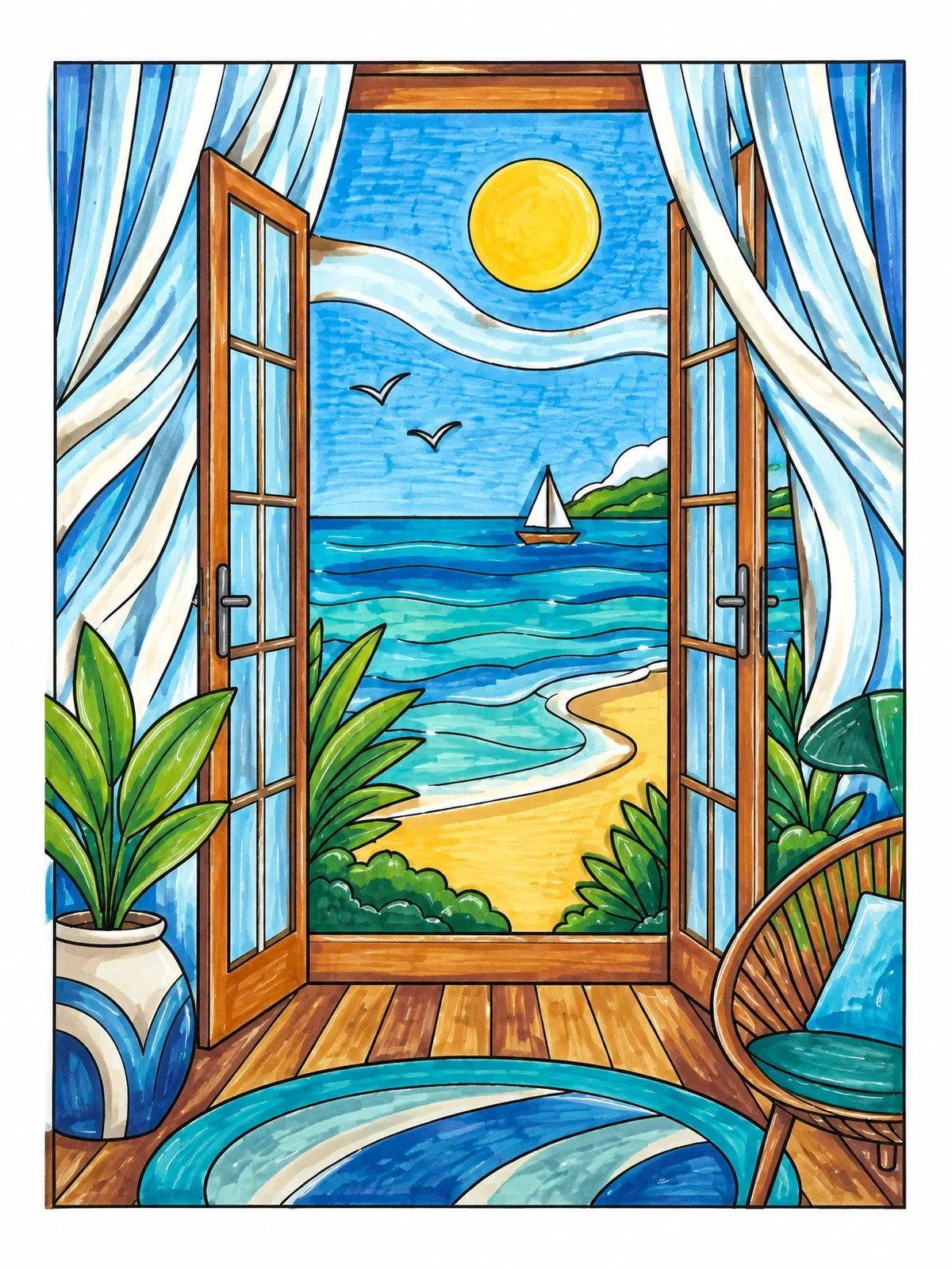 Colored example of the Open Patio Door Beach View coloring page