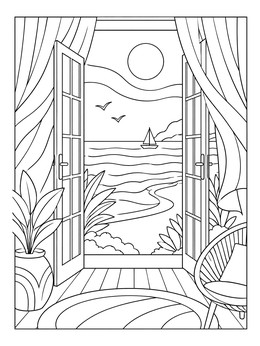 Free printable Open Patio Door Beach View coloring page