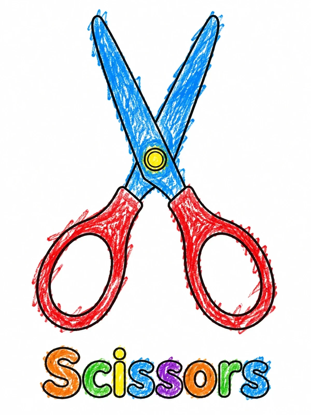 Colored example of the Open School Scissors With Word Label coloring page