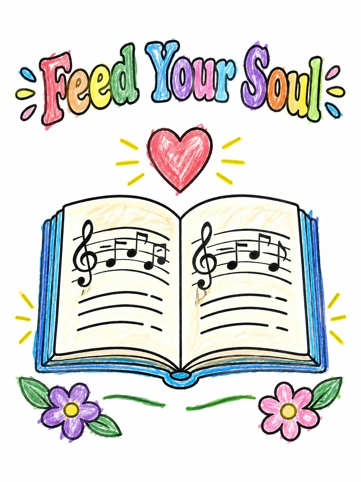 Colored example of the Open Songbook With Inspirational Music coloring page