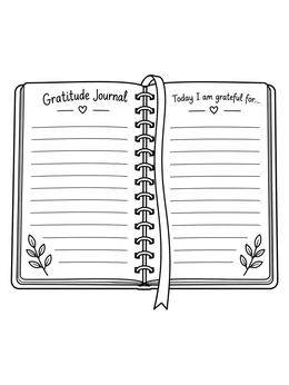 An open spiral gratitude coloring page with lined pages and ribbon bookmark.