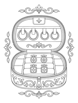 An open travel case with earrings and cufflinks in this detailed jewelry coloring page.