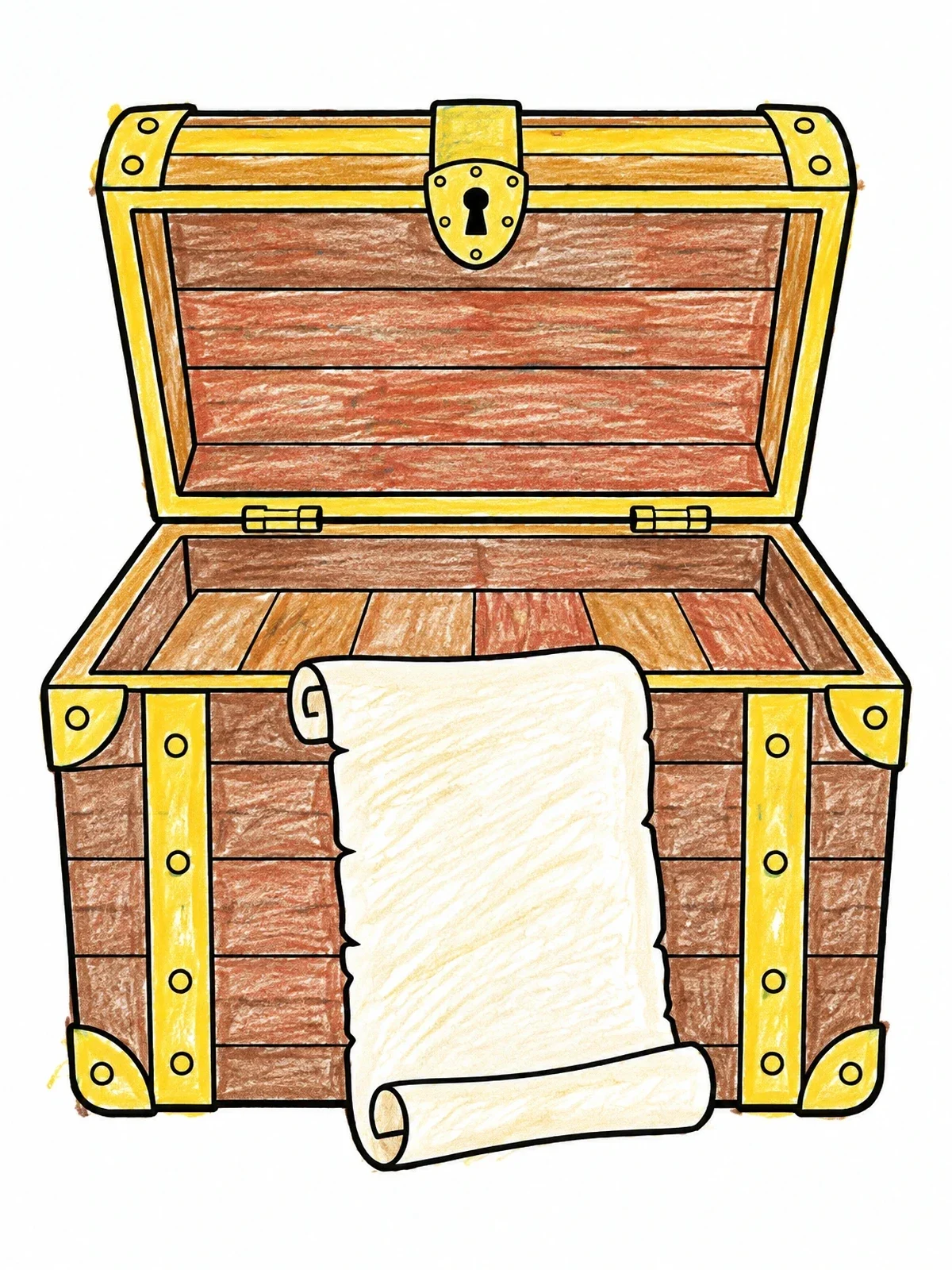 Colored example of the Open Treasure Chest With Blank Scroll coloring page