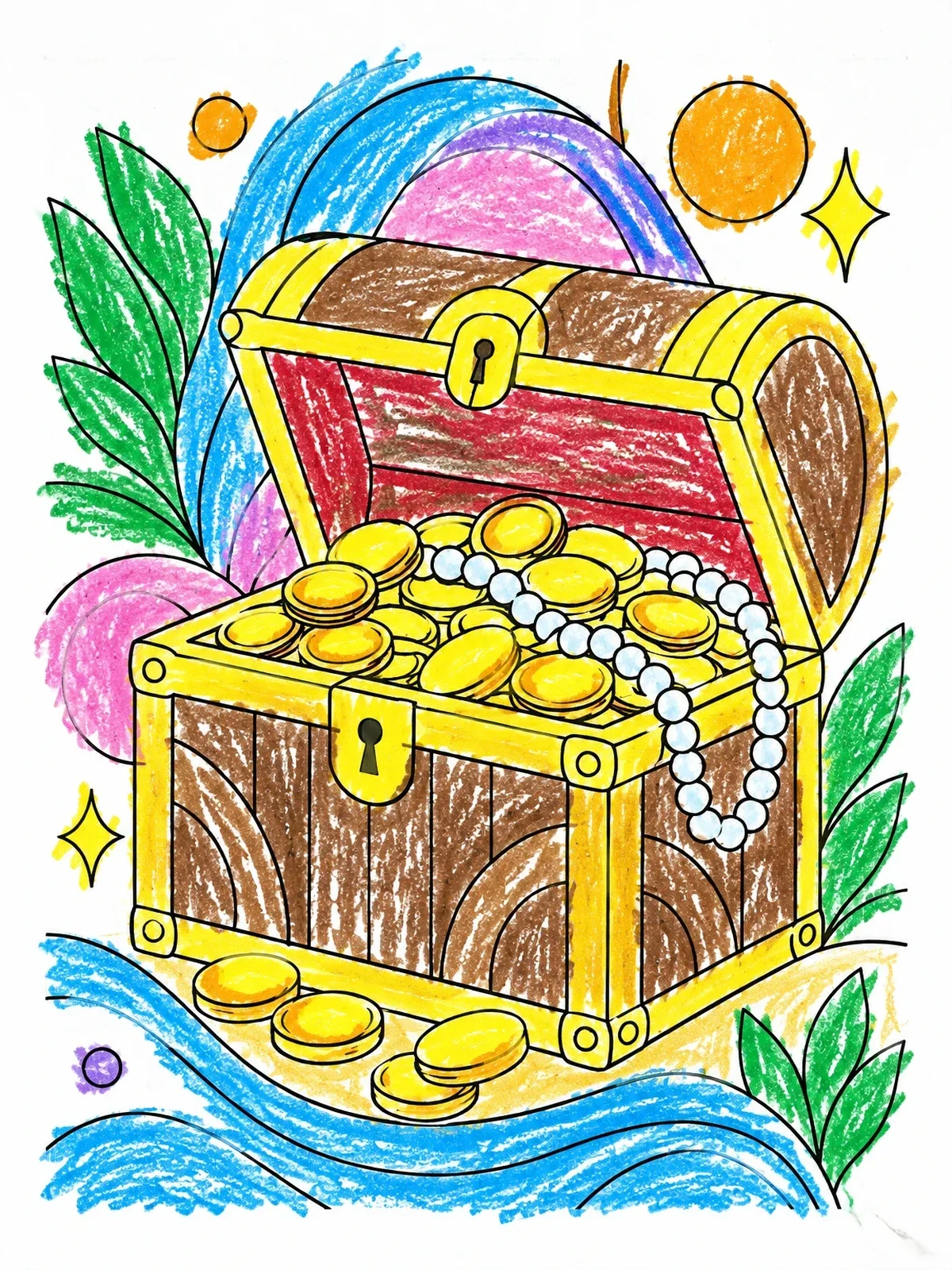 Colored example of the Open Treasure Chest With Gold And Pearls coloring page