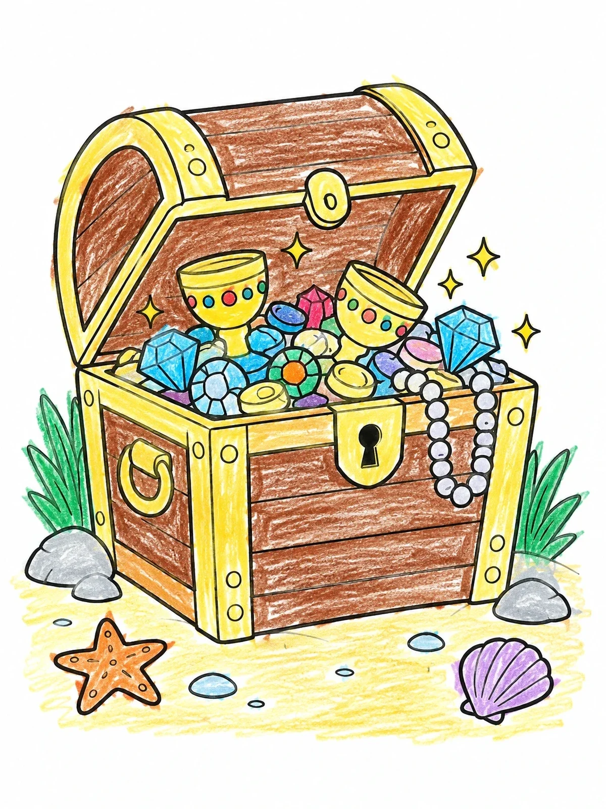 Colored example of the Treasure Chest Filled With Gems And Goblets coloring page