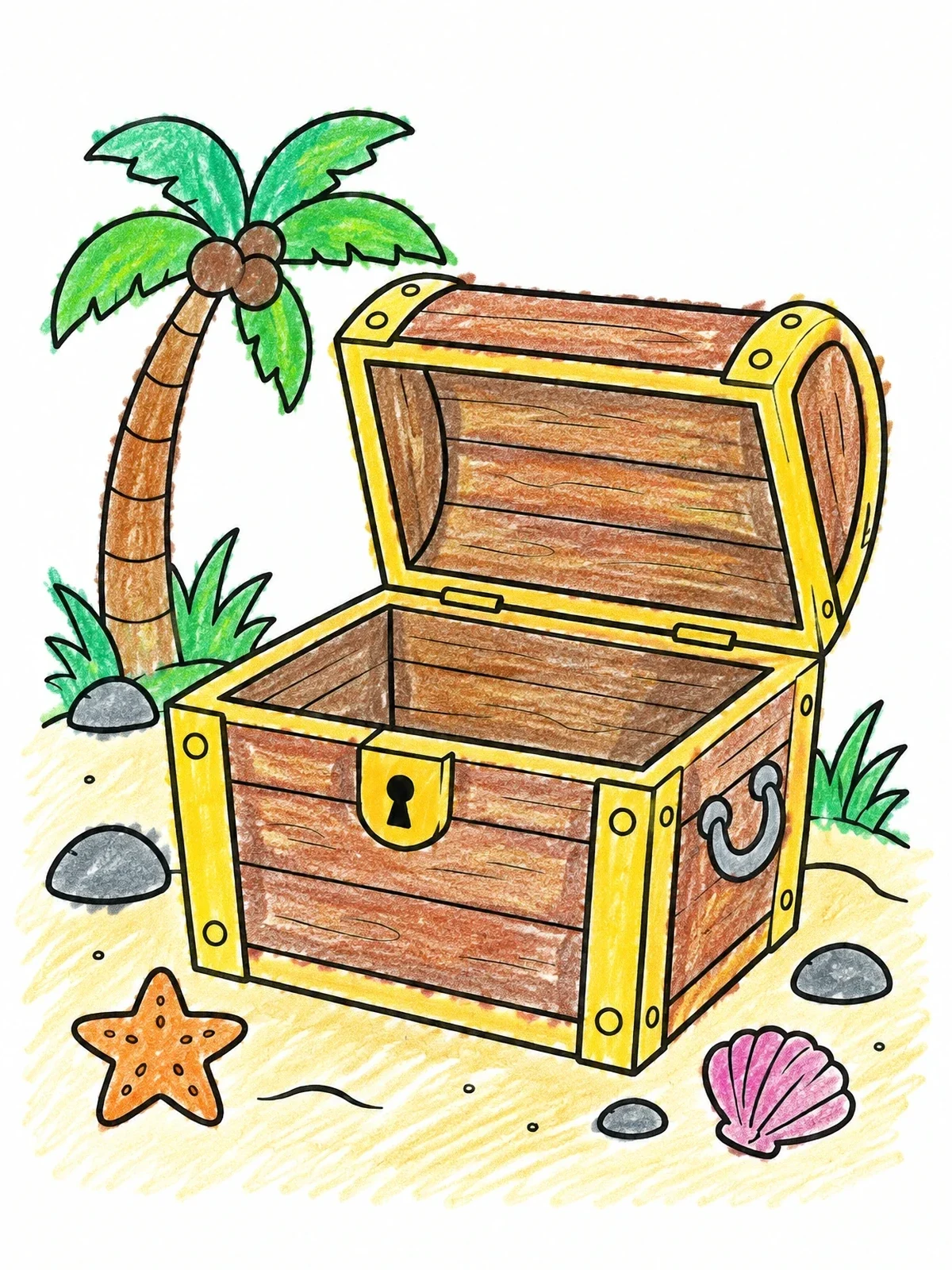 Colored example of the Open Treasure Chest On Island coloring page