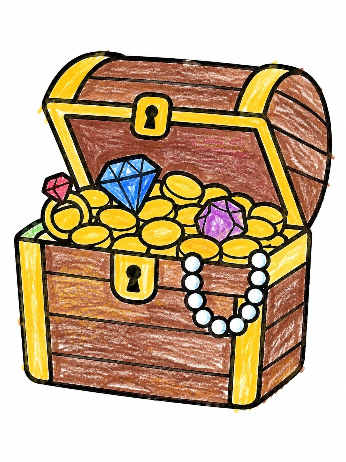 Colored example of the Open Treasure Chest With Jewels And Coins coloring page