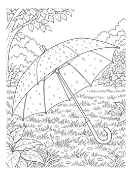 A detailed umbrella coloring page featuring an open parasol resting on rainy garden grass.