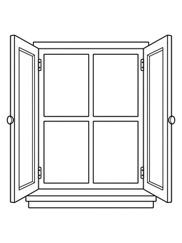 An open window coloring page with clear panes and wooden shutters.