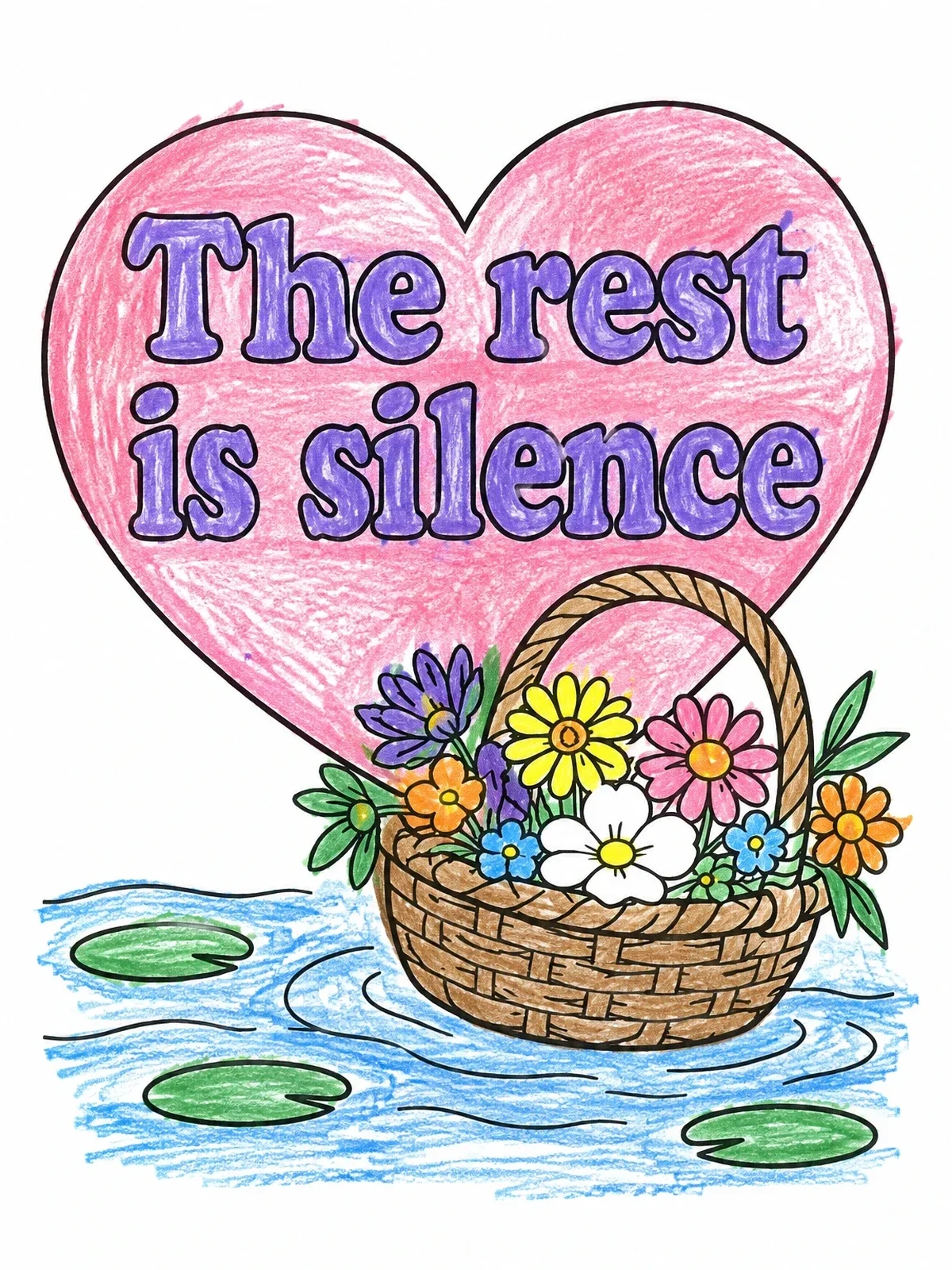 Colored example of the Ophelia Flower Basket And Quote coloring page