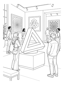 Free printable Optical Illusion Art Gallery Exhibition coloring page