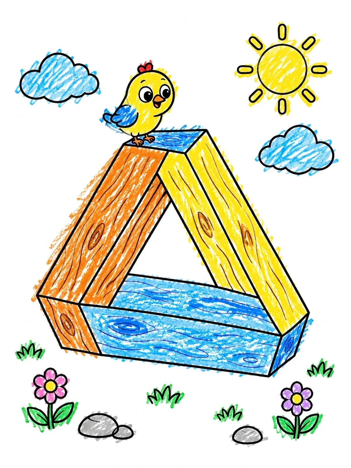 Colored example of the Cute Bird On Impossible Triangle coloring page
