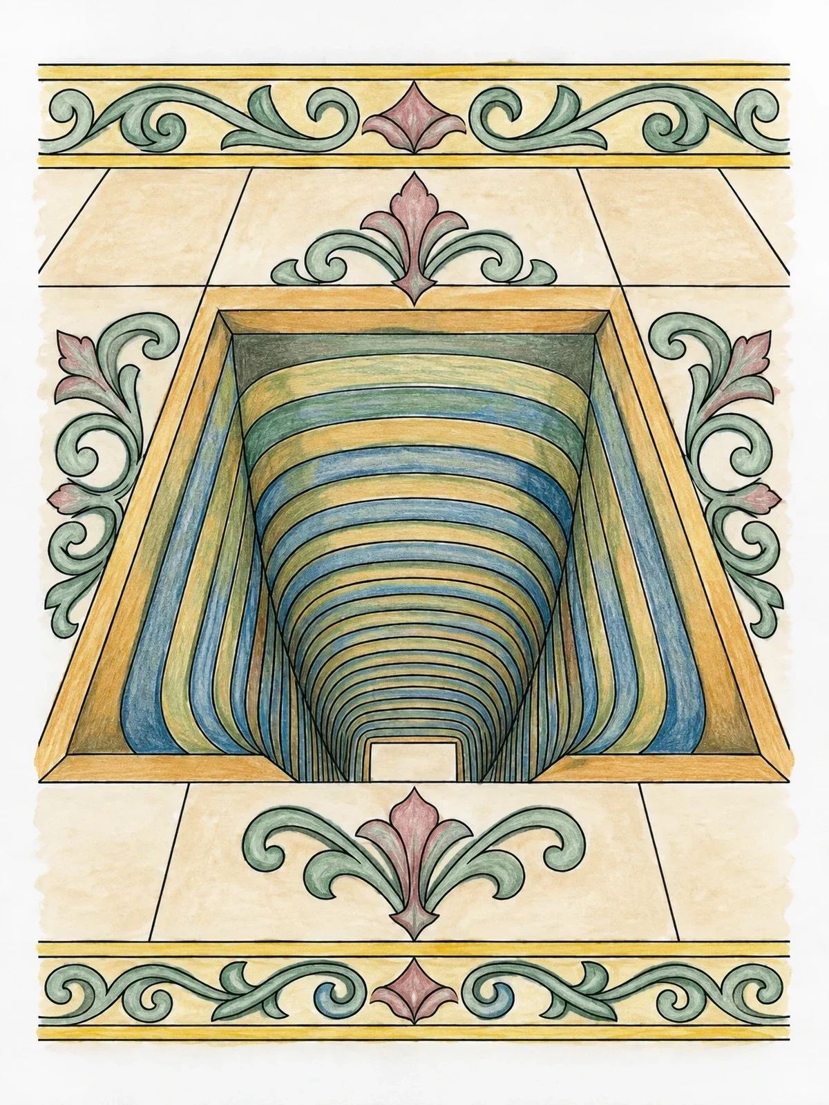 Colored example of the Geometric Floor Depth Illusion coloring page