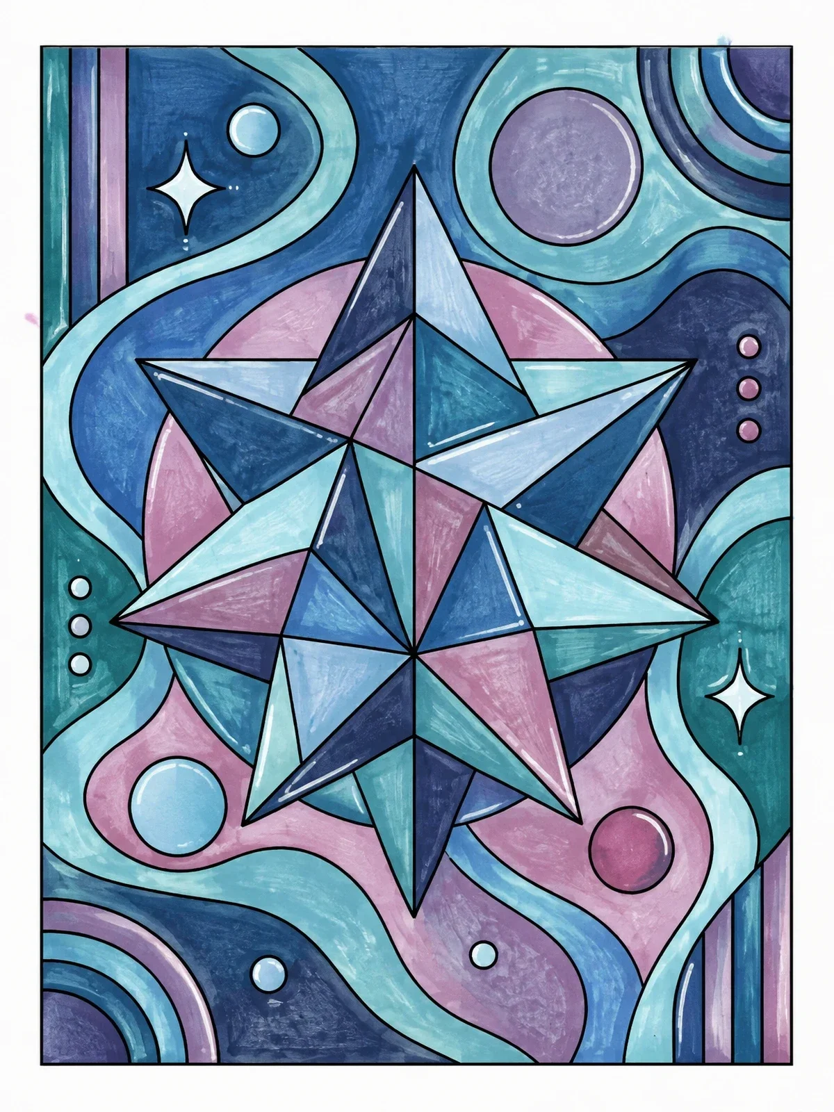 Colored example of the Geometric Star Polyhedron In Space coloring page