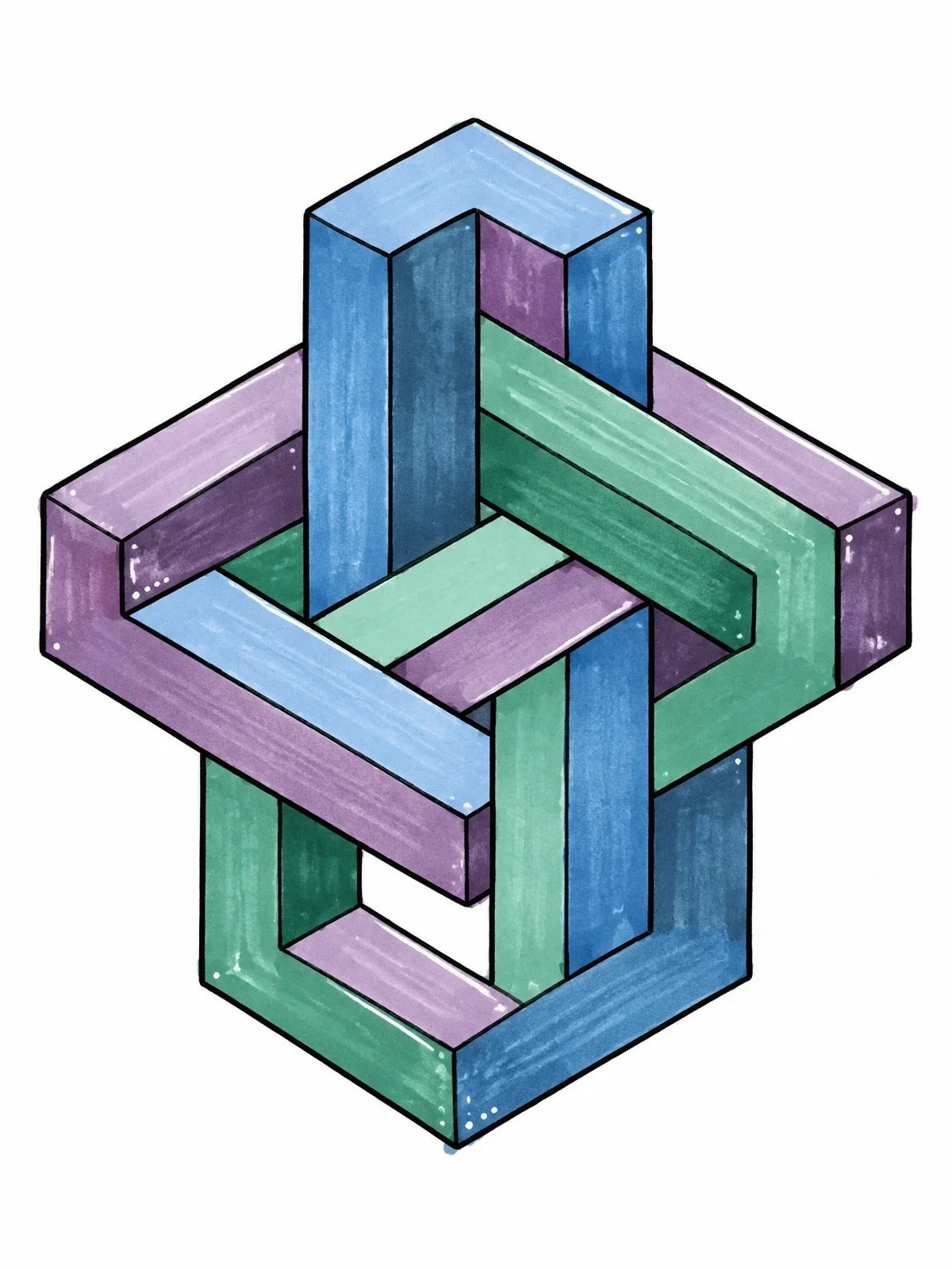 Colored example of the Impossible Interlocking Geometric Structure coloring page