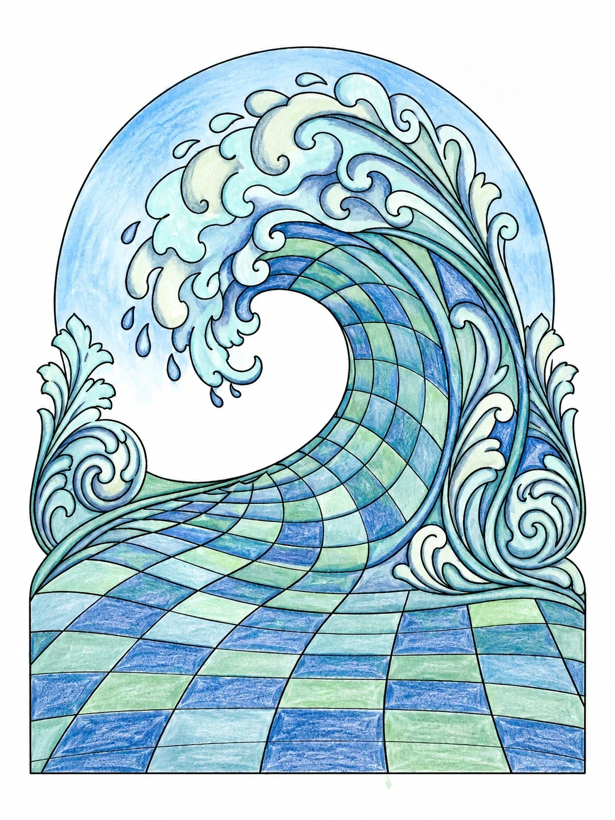 Colored example of the Surreal Grid Wave Illusion coloring page
