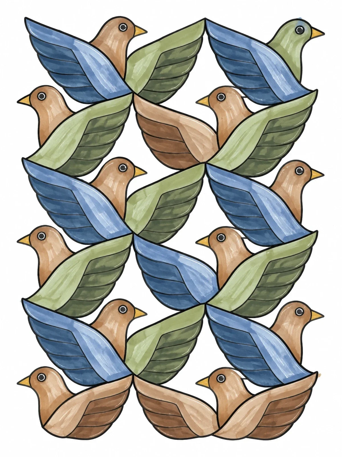 Colored example of the Tessellated Flying Birds Pattern coloring page