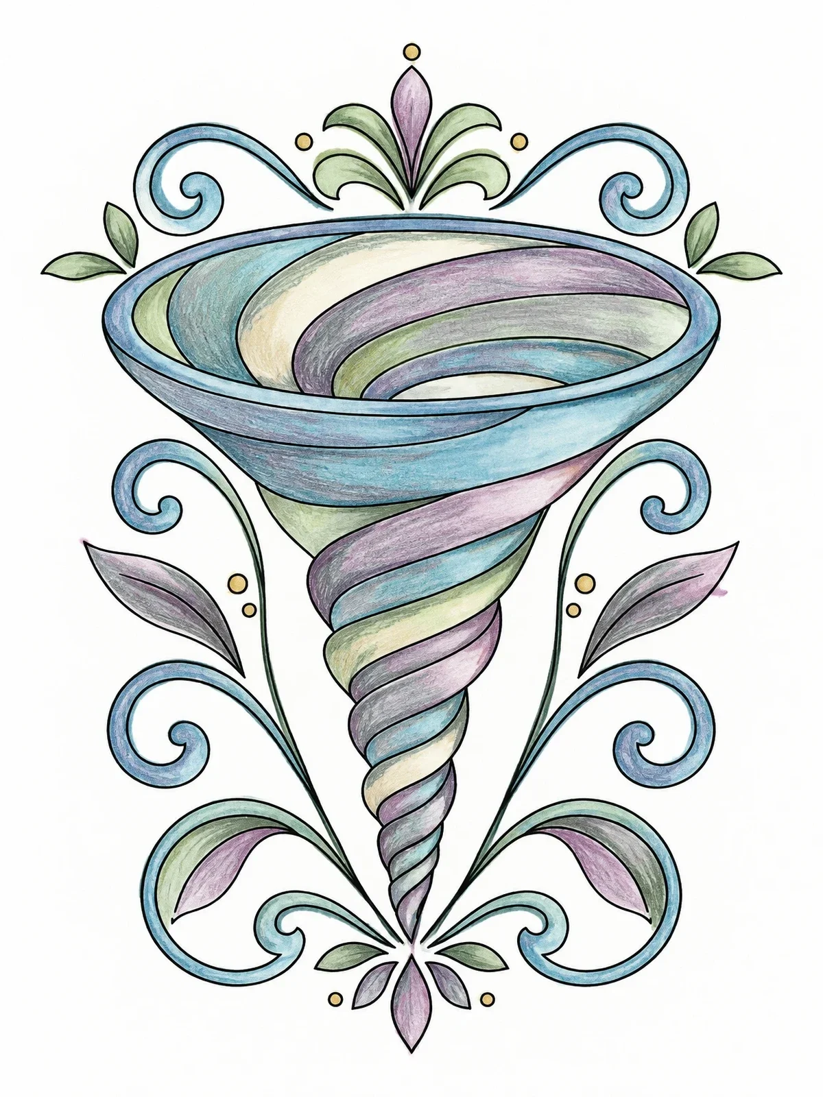 Colored example of the Twisting Funnel With Floral Ornaments coloring page