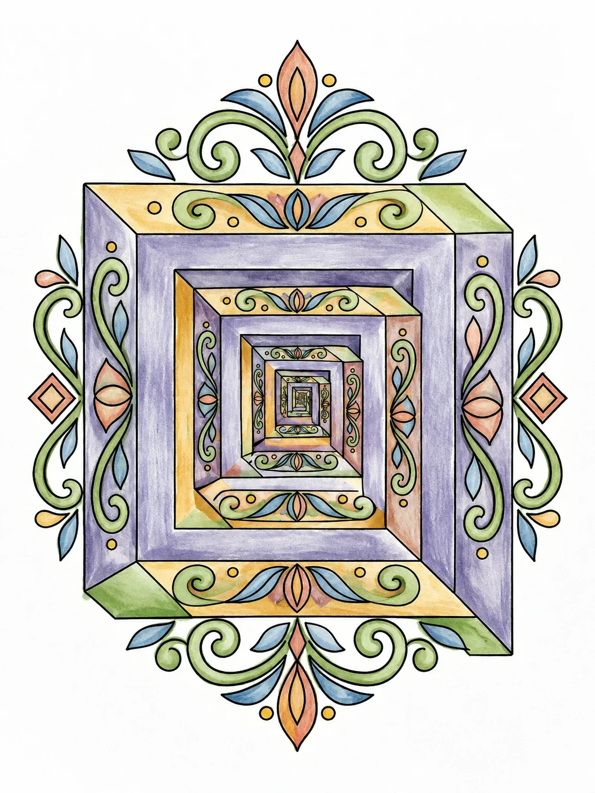 Colored example of the Twisting Impossible Square Frame Illusion coloring page